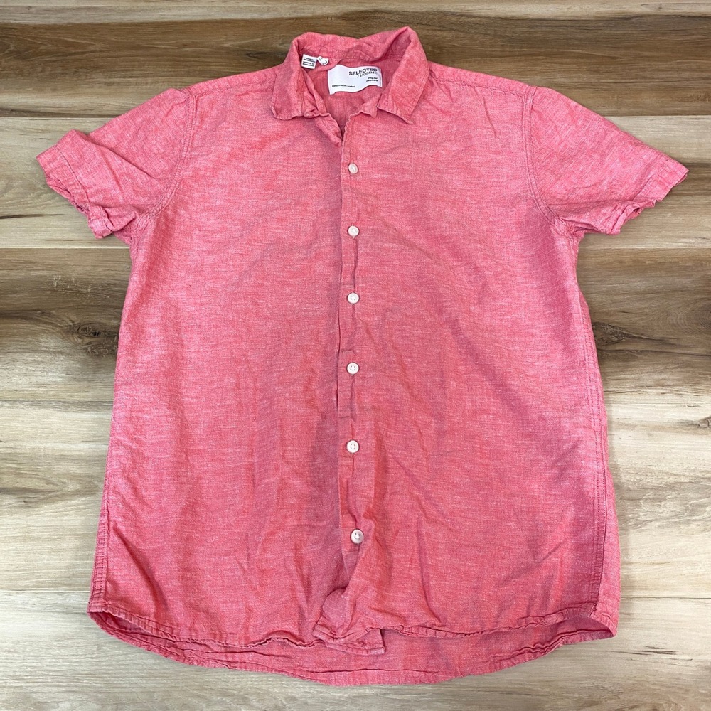 SELECTED HOMME Mens Pink Small Short Sleeve Button Up Shirt Regular Fit Chambray